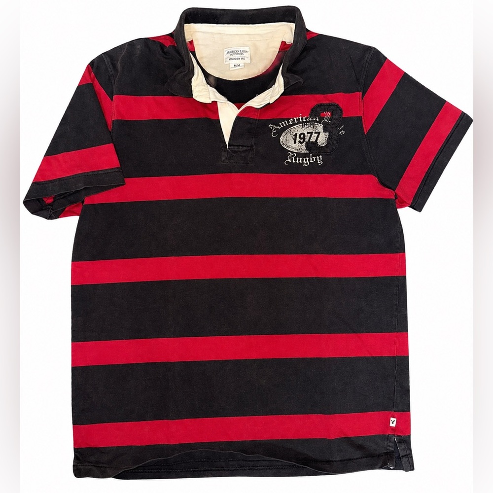 American Eagle Men’s Medium Rugby Polo Gray Pink Striped Shirt